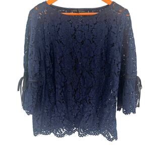 White House Black Market Navy Floral Lace 3/4 Bell Sleeve Top Vampy Romantic  L